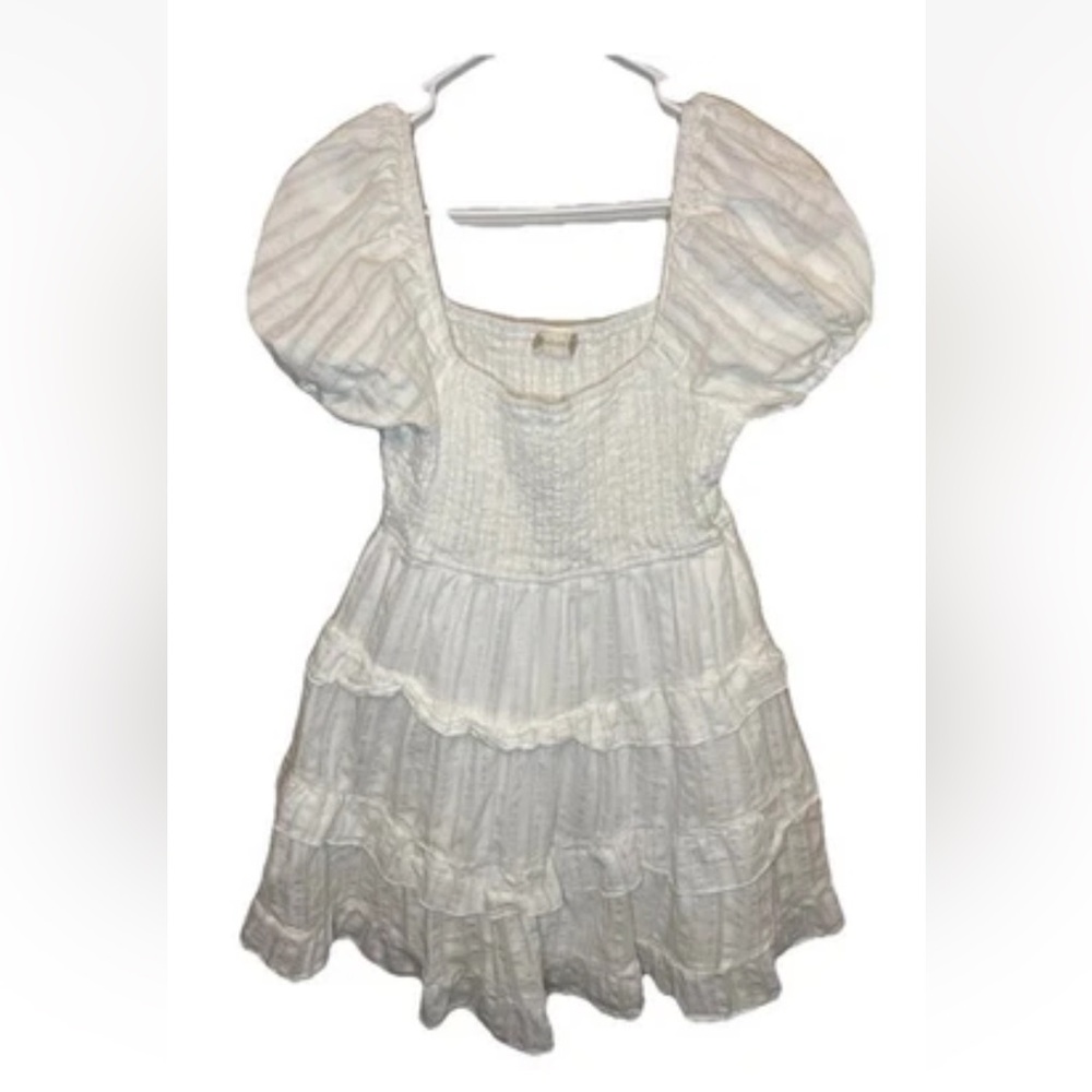 Altar'd State Women's White Lace Ruffle Mini Dress Short Sleeve Size L EUC Boho